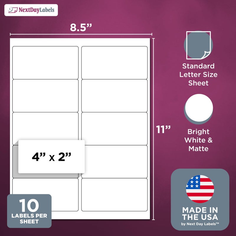 NextDayLabels â€“ 4â€ x 2â€ Rectangular Sticker Labels for Printer - White Laser/Inkjet Printer Labels Return Address Labels Shipping Label Stickers (25 Sheets, 10 Per Sheet, 250 Labels) - Image 2